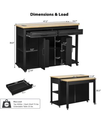 Kitchen Island with Extendable Table, 47.2"×19.7" Mobile Kitchen Island Cart