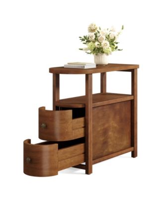 Solid Wood End Table with 2 Drawers & Open Shelf Set of 2, No Assembly Required Side Table, Vintage Brown Slim Bedside Table Nightstand