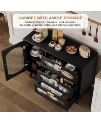 Modern Black Sideboard Cabinet with 3 Spacious Drawers & Fluted Glass Doors for Dining Room, Kitchen, or Living Room Storage