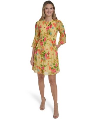 Petite Bell-Sleeve Jewel Neck Pleated Dress