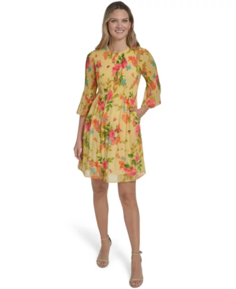 Petite Bell-Sleeve Jewel Neck Pleated Dress - Yellow