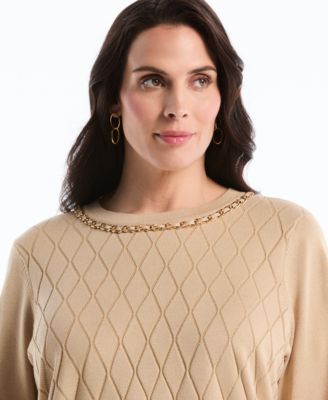 Plus Size Diamond Stitch Elbow-Sleeve Crewneck Sweater