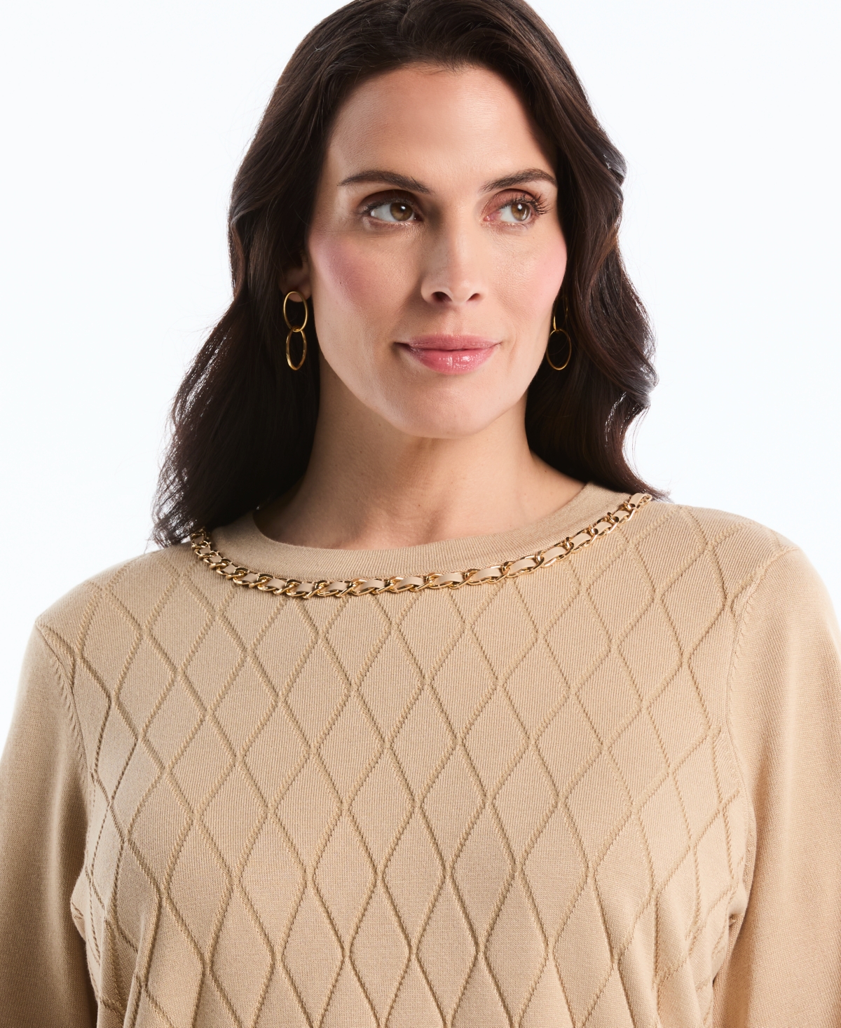 Rafaella Plus Diamond Stitch Elbow-Sleeve Crewneck Sweater