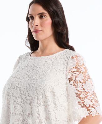 Plus Size Scalloped Elbow-Sleeve Jewel Neck Lace Top