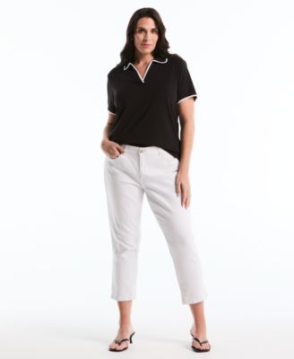 Plus Size Contrast Trim Johnny Collar Polo T-Shirt