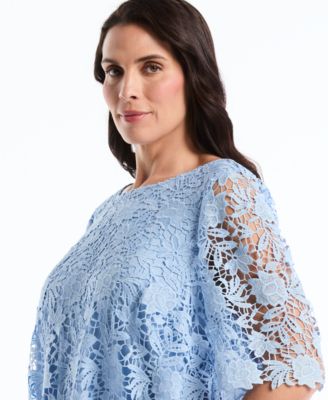 Plus Size Scalloped Elbow-Sleeve Jewel Neck Lace Top