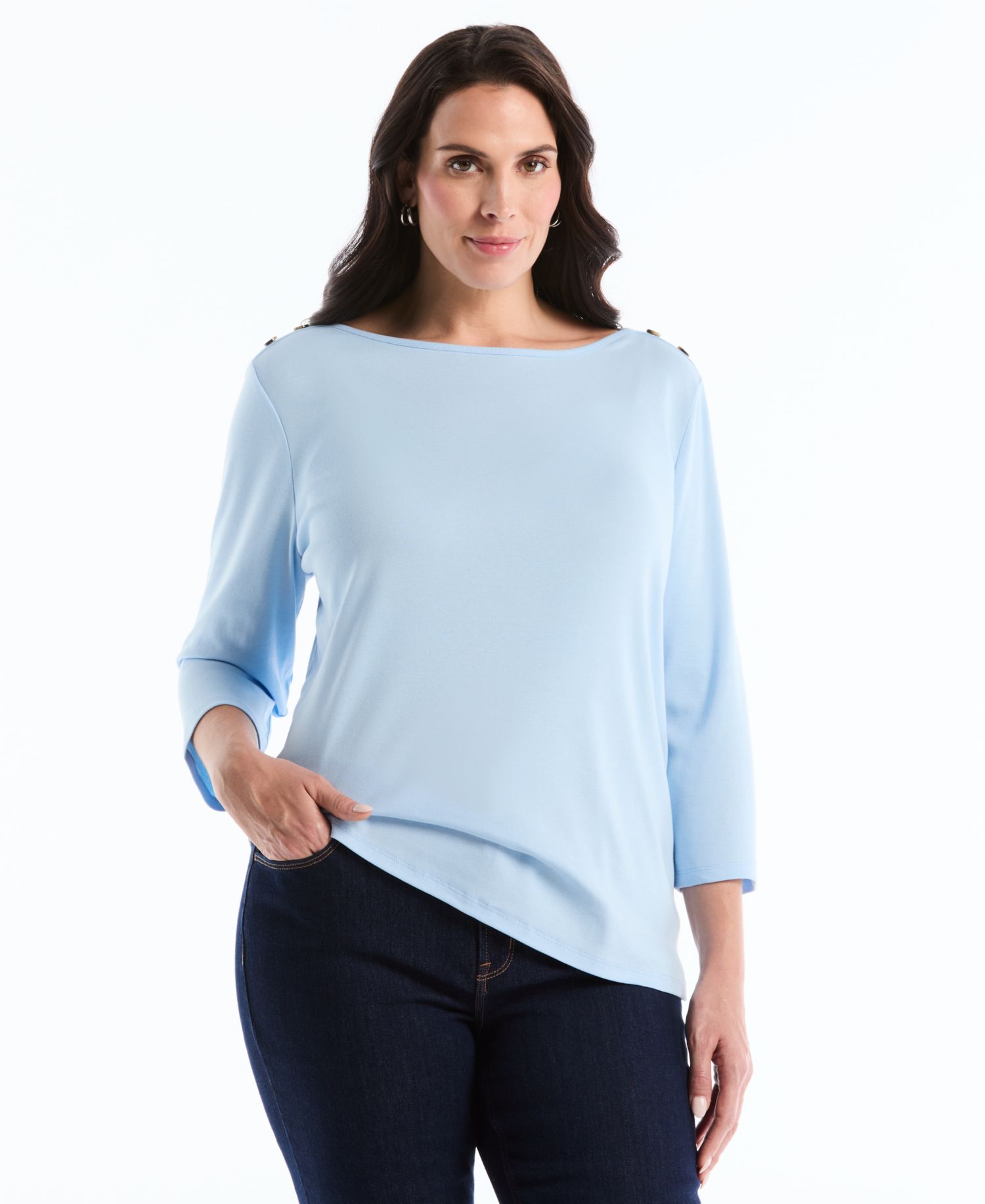 Petite Button Detail Boat Neck Top