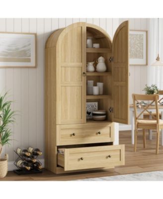 72" Tall Dome Bookcase with Drawers, 4-Tier Wooden Bookshelf Storage Cabinet with Door, Farmhouse Arched Cabinet with Storage