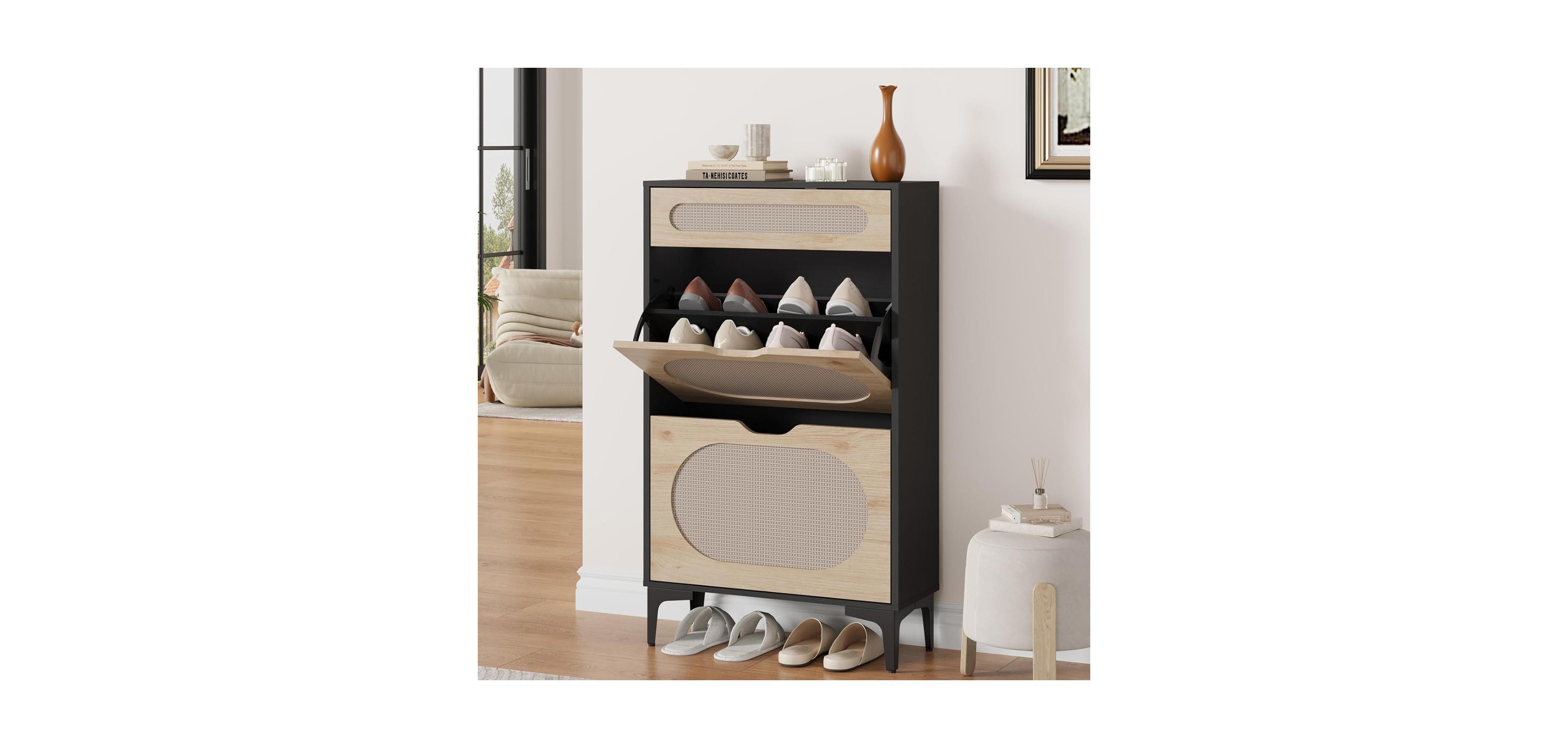 gaomon Shoe Cabinet with 2 Flip Drawers and 1 Pull-Out Drawer, Free Stand Storage Cabinet, 3 Adjustable Shelf, Narrow