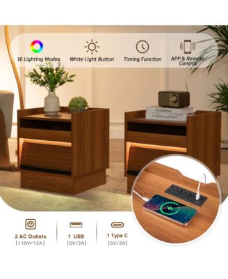 Wooden Nightstand with Charging Station and LED lights, Mid Century Modern Bedside Table with 2 Drawers for Bedroom and Living Room (Yellow)