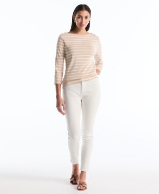 Petite Stripe Button Detail Boat Neck Top