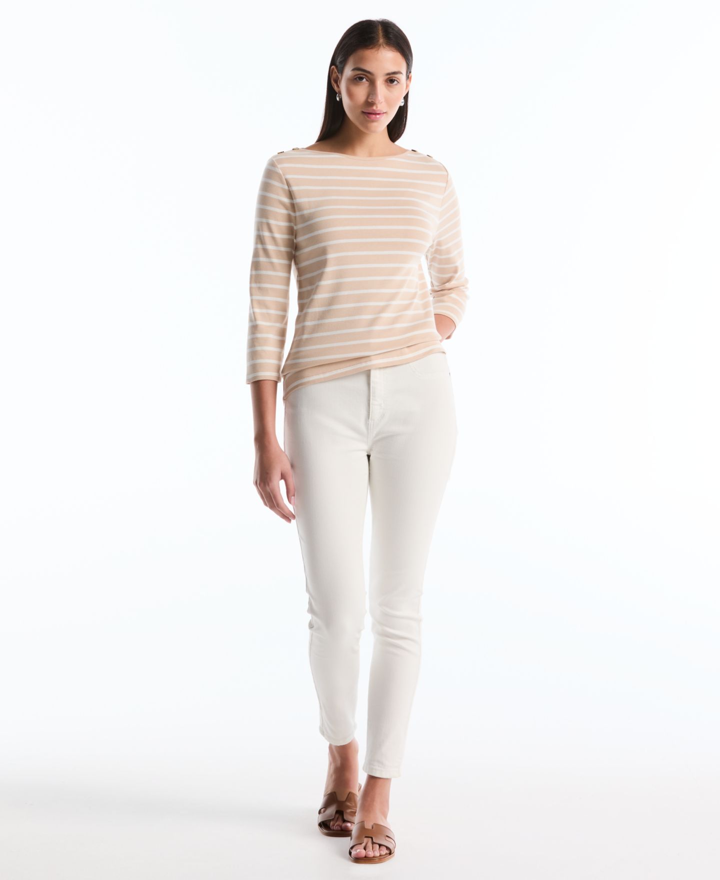 Женский топ Rafaella Petite Stripe Button Detail Boat Neck, цвет: Moonlight — фото 2