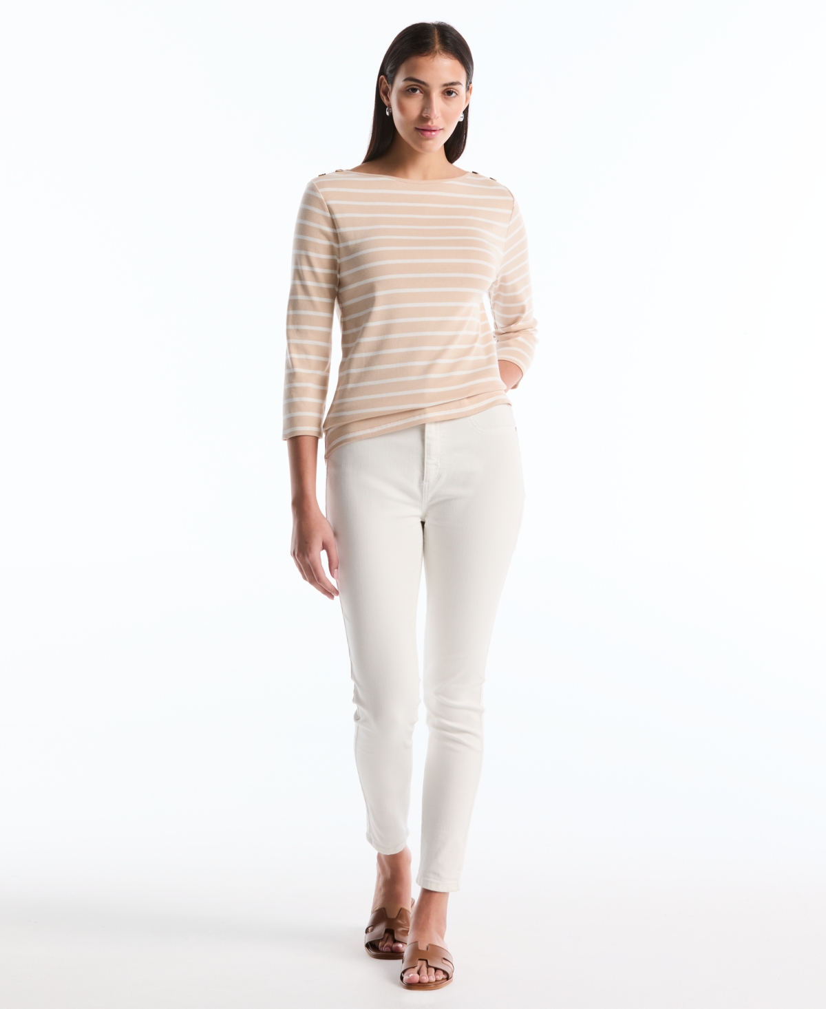 Rafaella Petite Stripe Button Detail Boat Neck Top