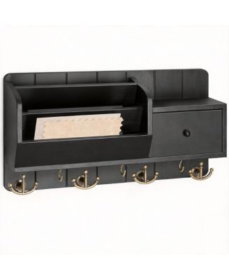 Wall Organizer with Mail Sorter, Drawer, Hooks, and Shelf - Rustic Decor