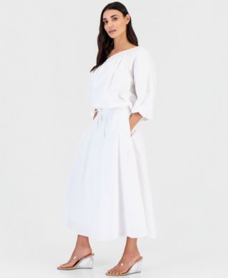 Petite Solid Pleated Drawstring Midi Skirt