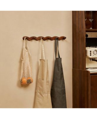 Wave-Shape Walnut Wood Coat Rack with 6 Hooks for Hats, Coats, Bags