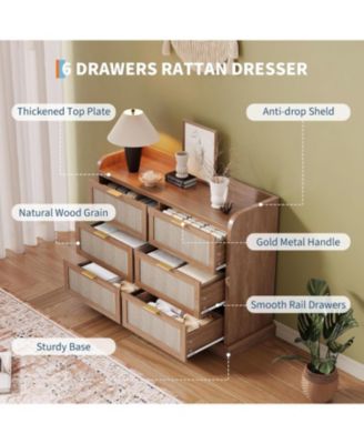 Farmhouse 6 Drawer Dresser, Rattan Chest of Drawers with Spacious Tabletop & Raised Edges, Compact Wood Storage Organizer for Bedrooms