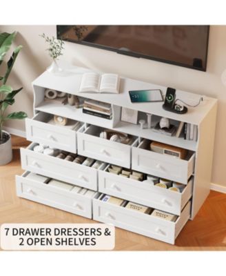 7 Drawer Wooden Dresser with LED Lights, Charging Station & 2 Open Compartments, Freestanding Bedroom Storage Organizer