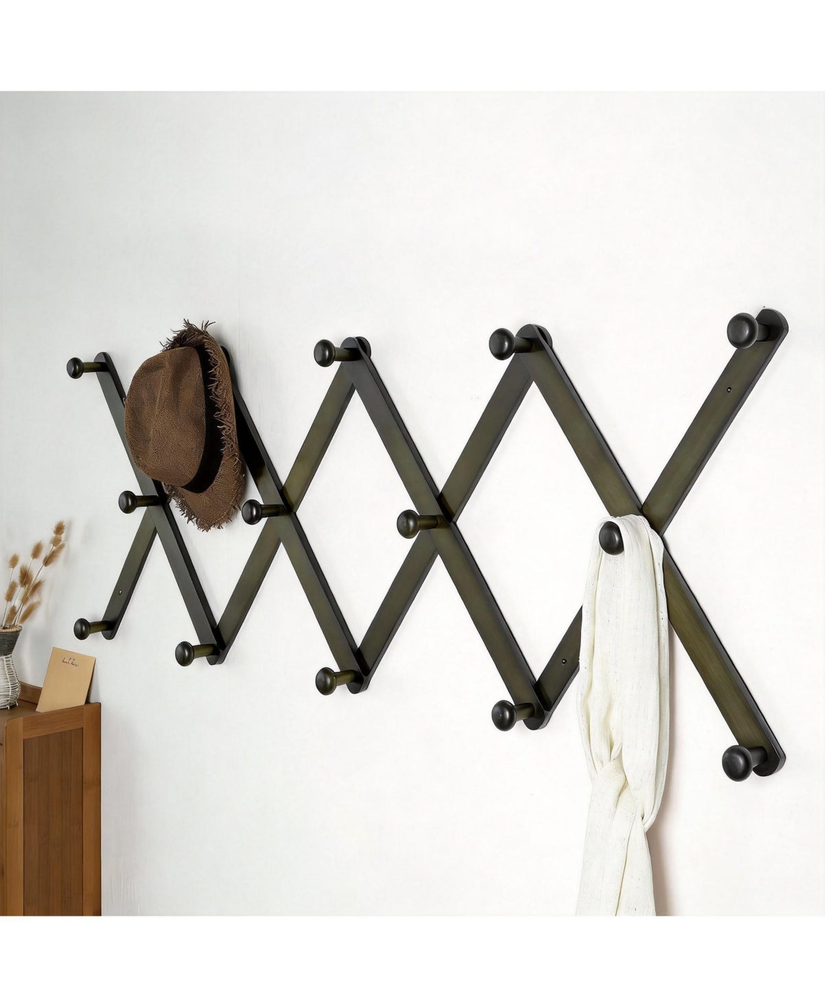 Yigii Wooden Expandable Wall Rack 14 Hooks 24" Long Space-saving Hat & Coat Organizer