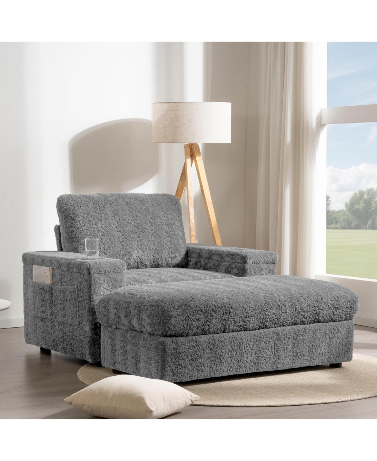 Boyel Living Faux Rabbit Fur Sofa with Storage Ottoman and Armrests,Cup Holders,Upholstered Sleeper Chair,Chaise Lounge,Reading