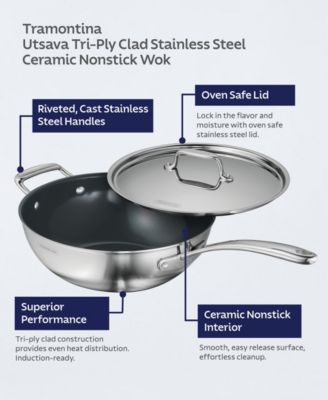 Utsava Tri-Ply Clad Stainless Steel 3.75-Quart Covered Wok