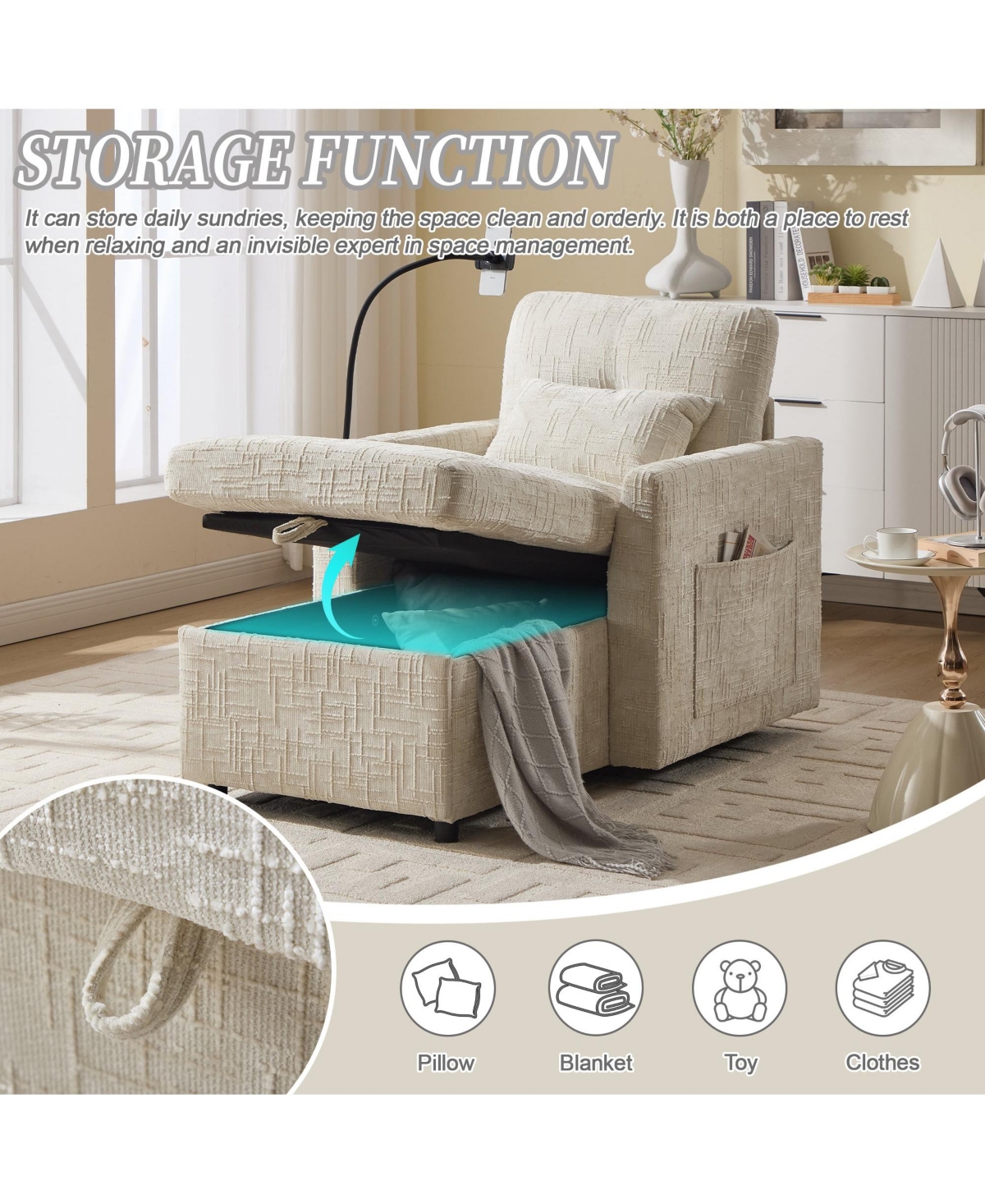 Boyel Living Multifunctional Chenille Sofa with Storage & Cell Phone Bracket, Single Sleeper Chair, Chaise Lounge Chair