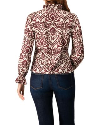 Women's Ruffled V-Neck Abstract Blouse Top