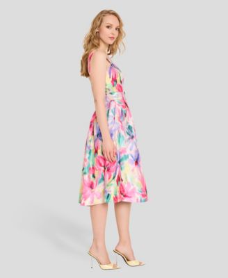 Women's Crinkle Belted Square Neck Midi Dress