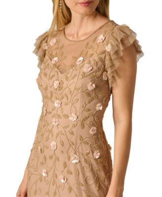 Women's Bead Mesh Godet Crew Neck Gown