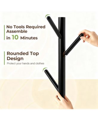 Solid Wood Standing Coat Rack with 8 Hooks & Shelf