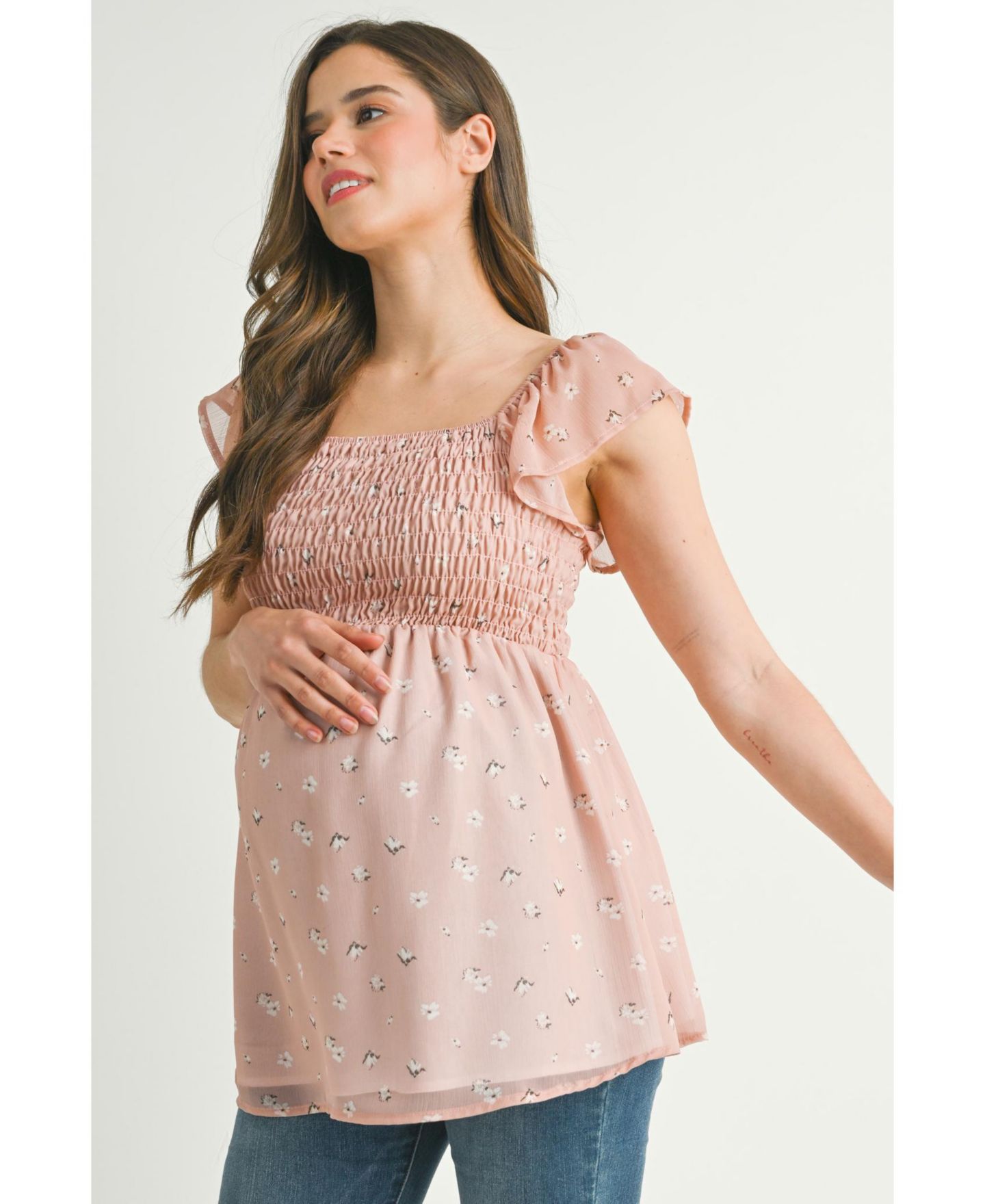 Женский топ Hello Miz Maternity Smocked Square Neck Floral Empire Waist Top, цвет: Пудровый — фото 2