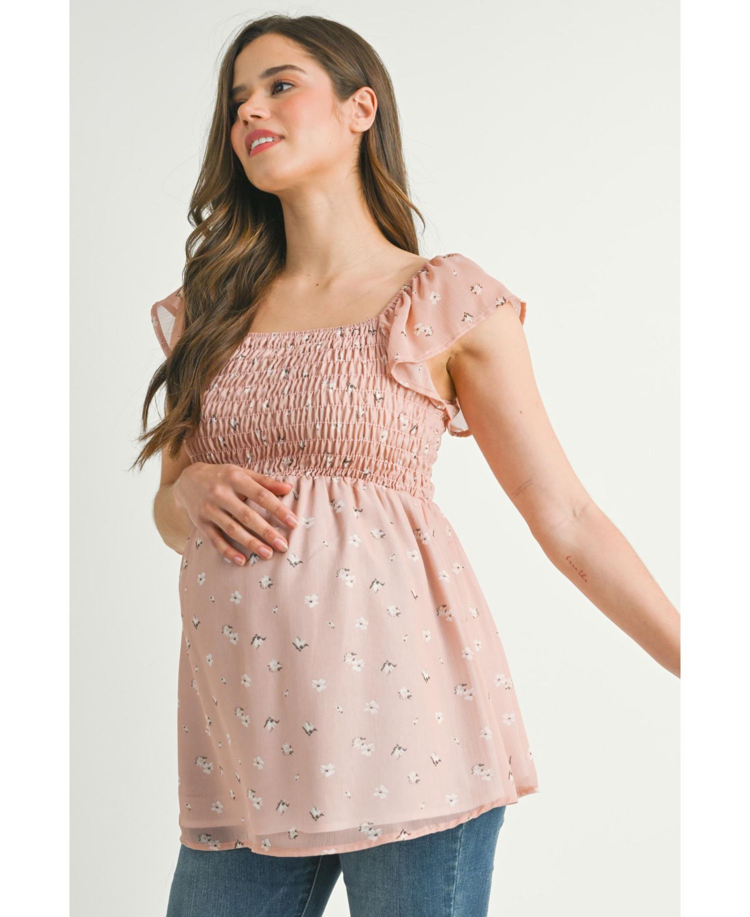 Maternity Smocked Square Neck Floral Empire Waist Top