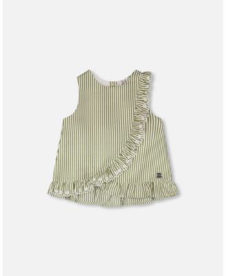 Toddler Girls Top Green & Off White Stripes with Embroidered Ruffle