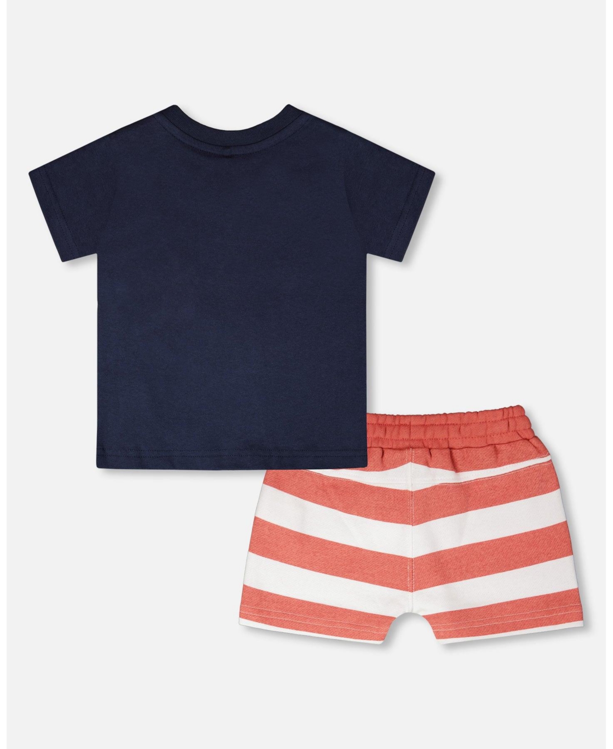 Deux par Baby Boys Cotton T-Shirt and Short Set Blue Brick Stripes