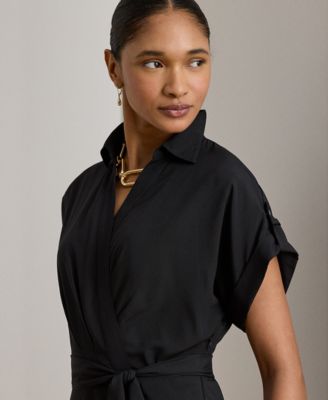 Petite Belted Crepe Collared Dress