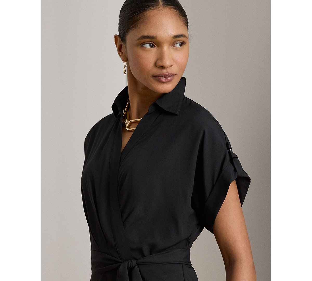 Lauren Ralph Petite Belted Crepe Collared Dress