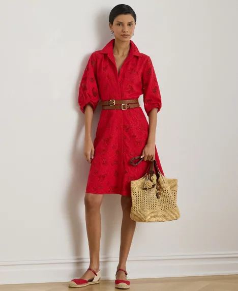 Petite Eyelet Voile Balloon-Sleeve Shirtdress - Cruise Red