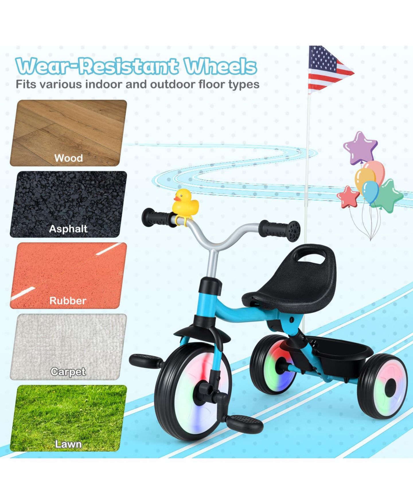 Детская игрушка Mecale 3-in-1 Light-Up Toddler Tricycle with Storage Basket, Ages 2+, цвет: Синий — фото 8