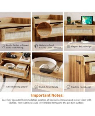 Boho Rattan Bedside Table with Type-C Charging Station, Nightstand with 1 Storage Drawer & Open Shelf