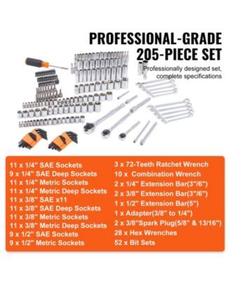 205-Piece Mechanics Tool Set with 1/4"-1/2" Drive Sockets & Wrenches