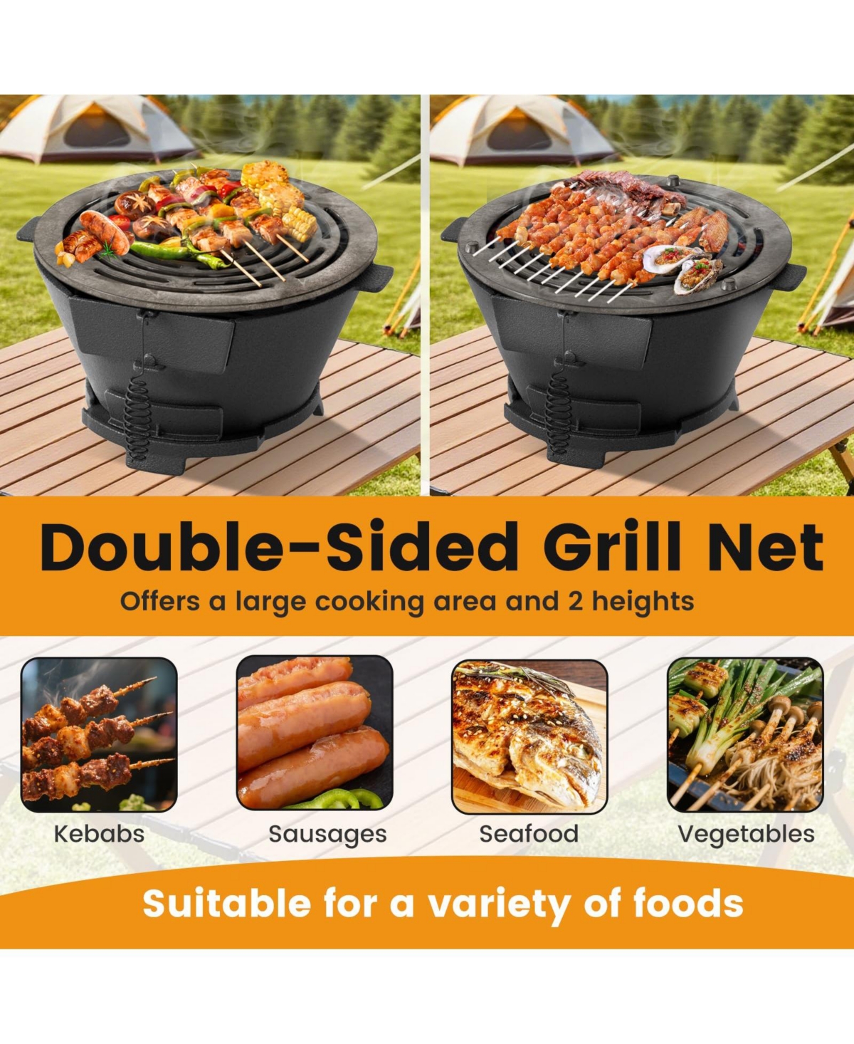 Ecooso 12 Inch Double-Sided Grate Round Hibachi Grill Outdoor Portable Charcoal Stove