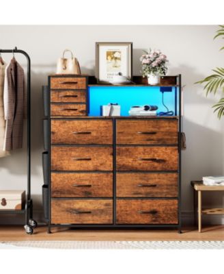 11 Drawer Dresser with Fabric Drawers Storage Cabinet with Shelves Side Pockets Hooks Charging Station