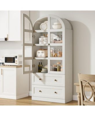 72" Tall Dome Bookcase with Drawers, 4-Tier Wooden Bookshelf Storage Cabinet with Glass Door, Farmhouse Arched Cabinet with Display Shelves