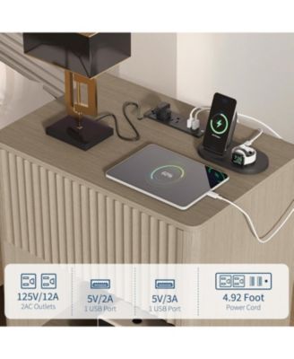 CuisinSmart 22" Oak Modern Nightstand Set of 2 with Charging Station & LED Light