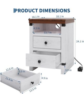 Farmhouse White Nightstand with Charging Station Set of 2, 2 Drawers, USB Ports & Power Outlets