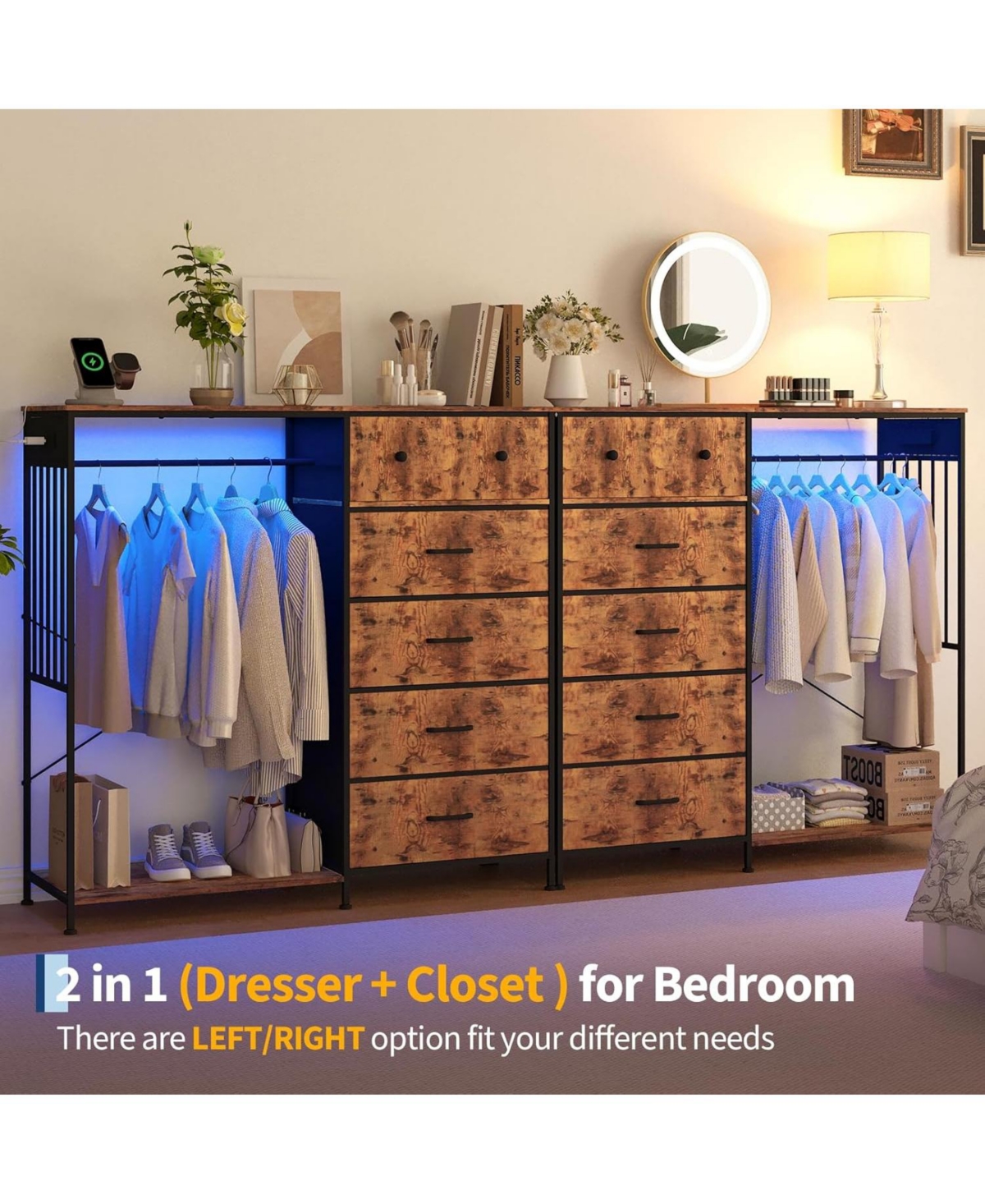 gaomon 49.2" w Dresser with Hanging Rack & Led Lights, 6-Drawer Closet Organizer with Charging Station, Tall Storage Tower for Bedroom