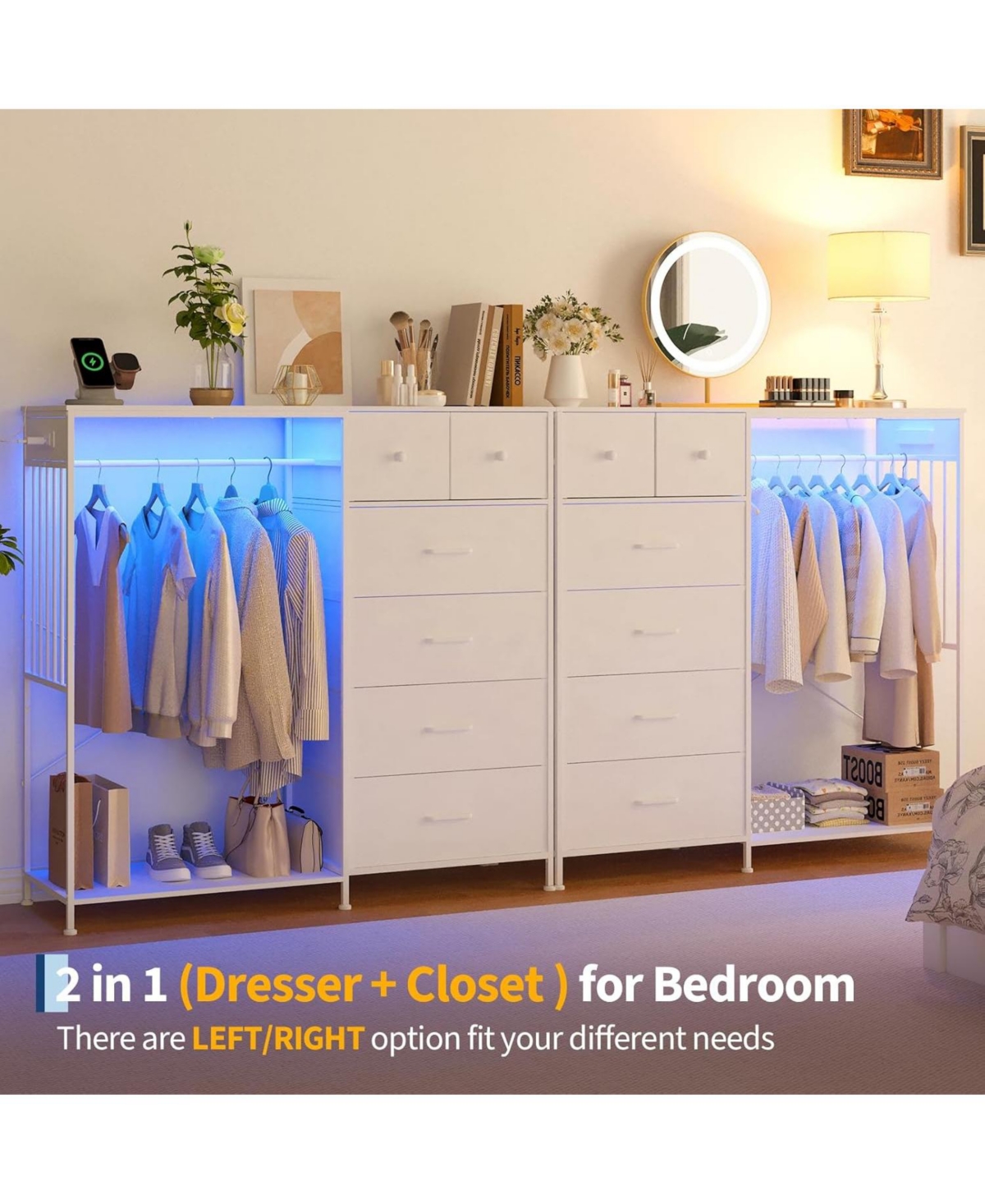 gaomon 49.2" w Dresser with Hanging Rack & Led Lights, 6-Drawer Closet Organizer with Charging Station