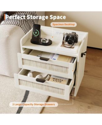 Set of 2 Boho Rattan Nightstands, Each Equipped with a Modern Type-c Charging Station and 2 Large Storage Drawers