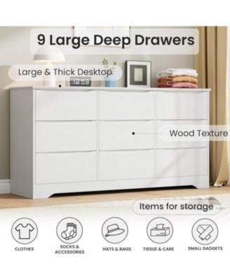 Wooden Dresser with 9 Drawers, Tall Modern Closet with Deep Storage, Large Chest of Drawers with Wide Top, Long Storage Dresser for Bedroom