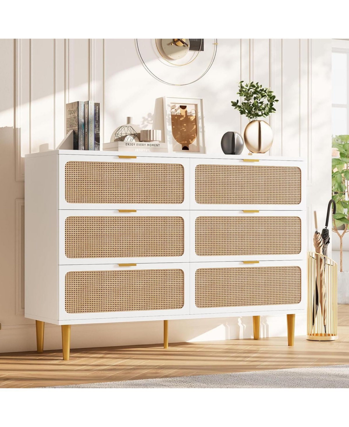 Gaomon Rattan 6 Drawer Dresser, Tall Modern Wooden Chest with Deep Storage & Wide Top for Bedroom or Closet